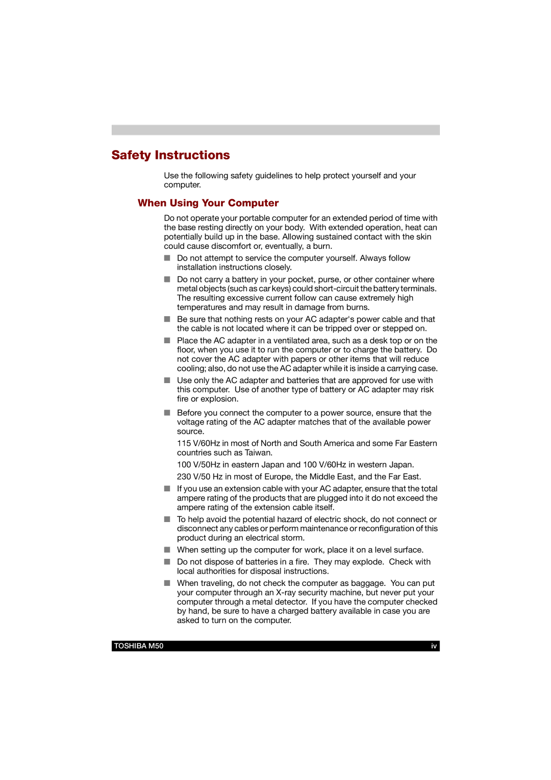 Toshiba M50 user manual Safety Instructions, When Using Your Computer 