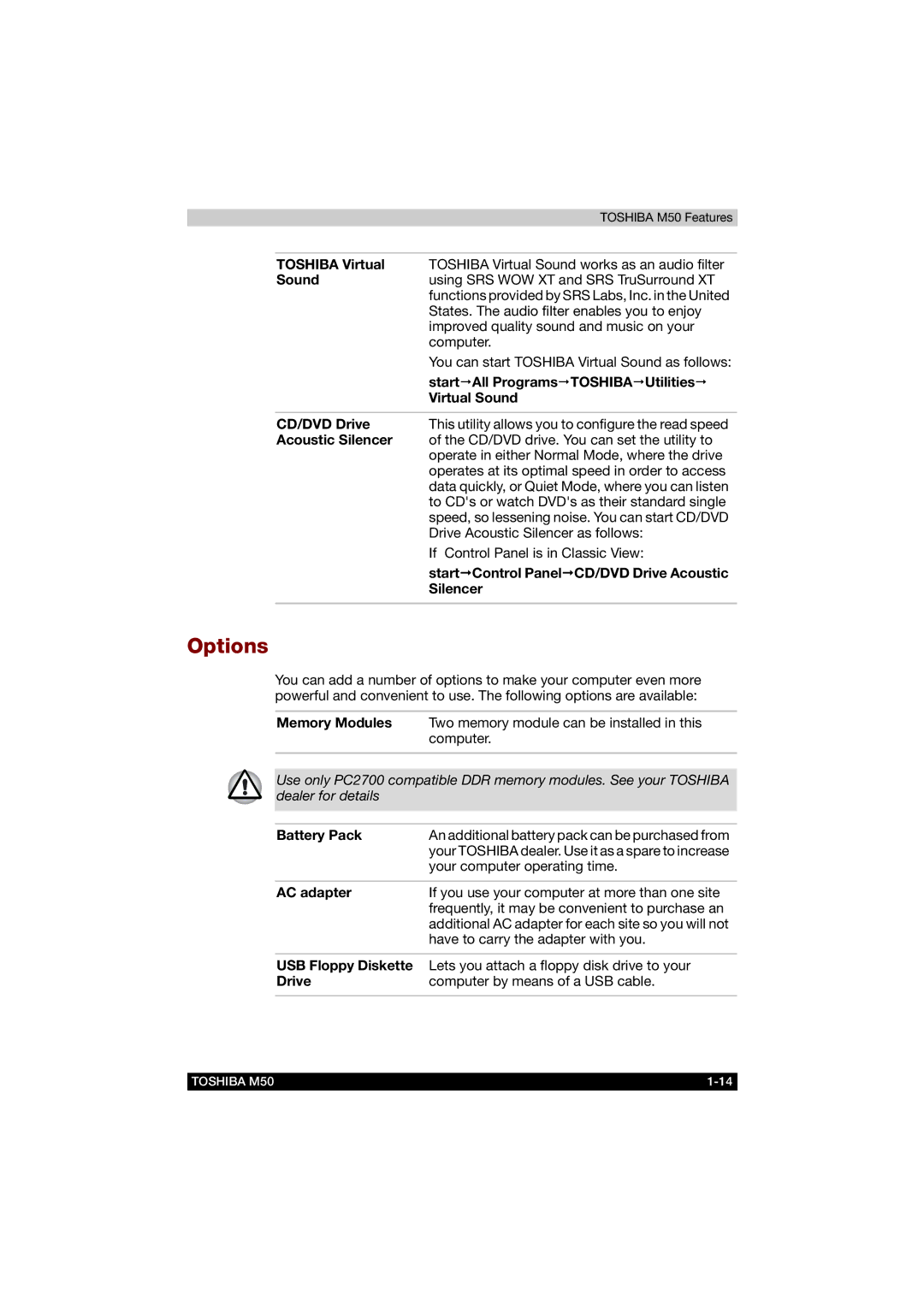 Toshiba M50 user manual Options 