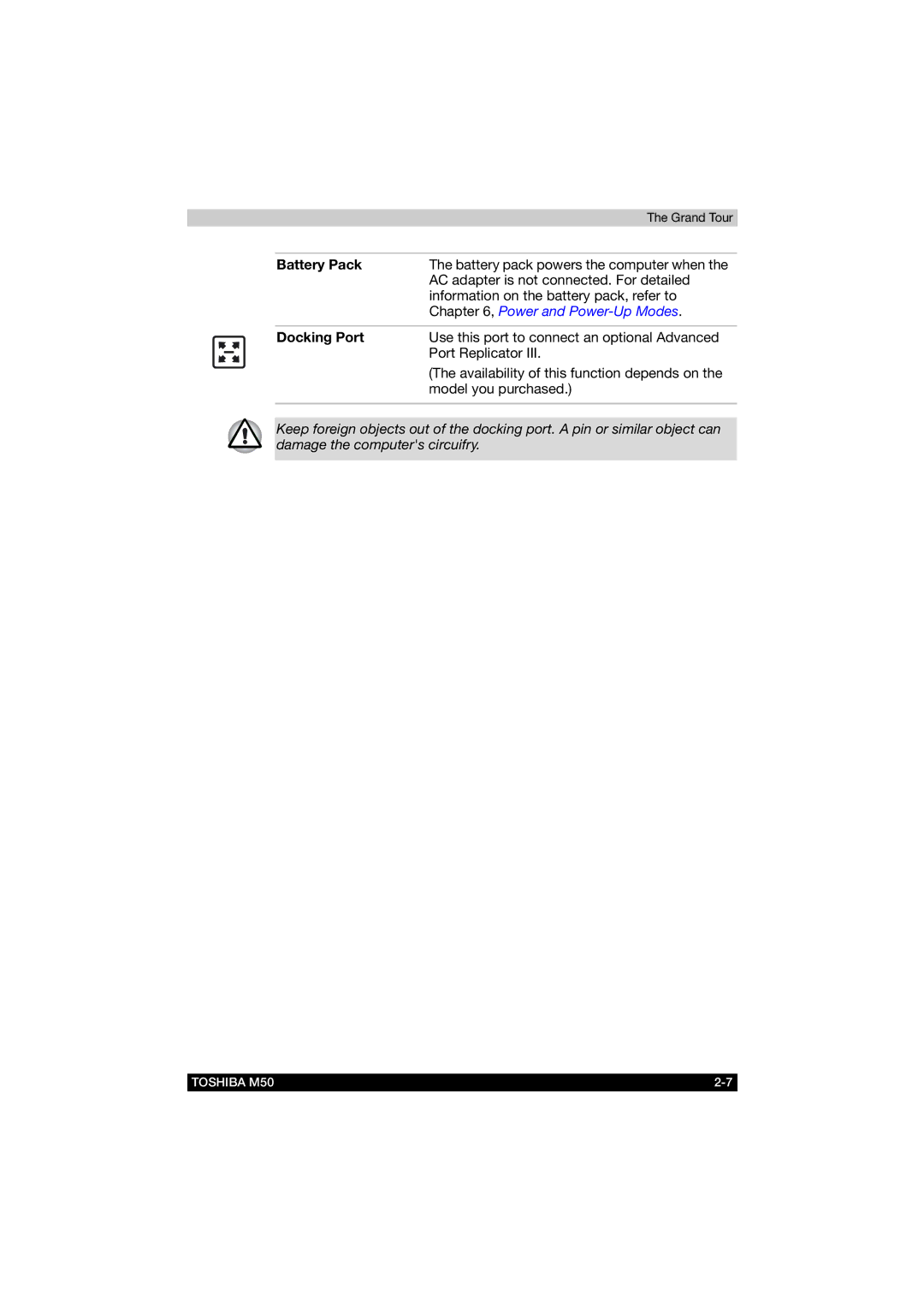 Toshiba M50 user manual Battery Pack, Docking Port 