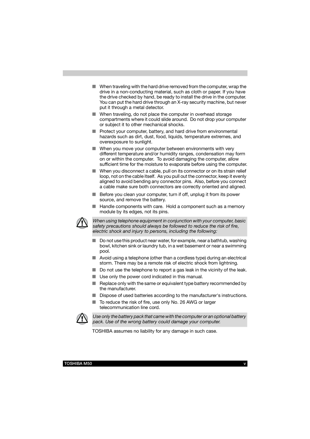 Toshiba M50 user manual Toshiba assumes no liability for any damage in such case 