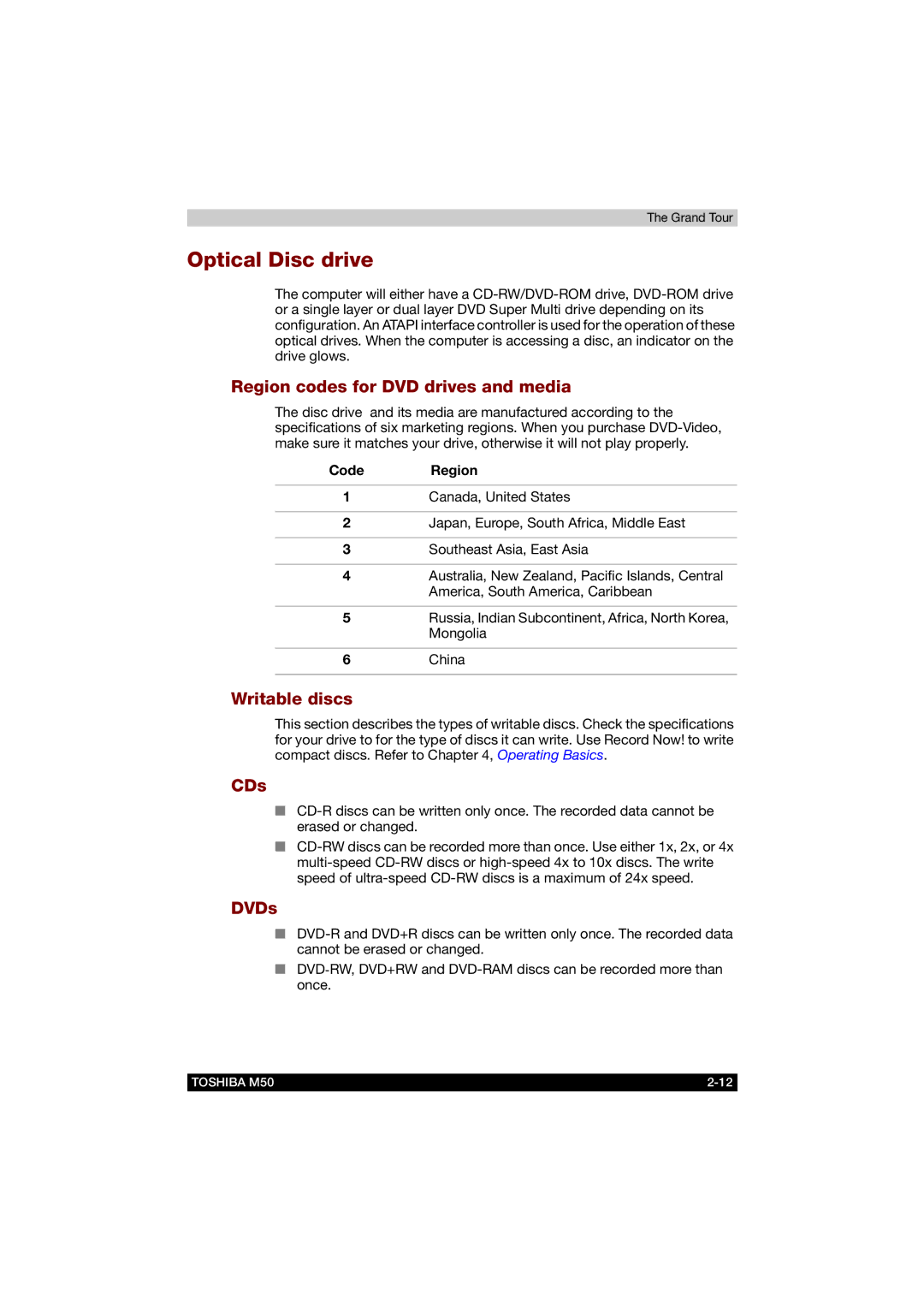 Toshiba M50 user manual Optical Disc drive, Region codes for DVD drives and media, Writable discs, CDs, DVDs 