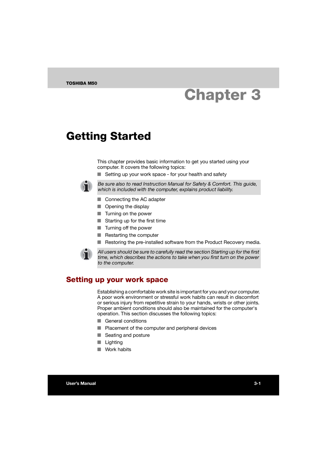 Toshiba M50 user manual Getting Started, Setting up your work space 