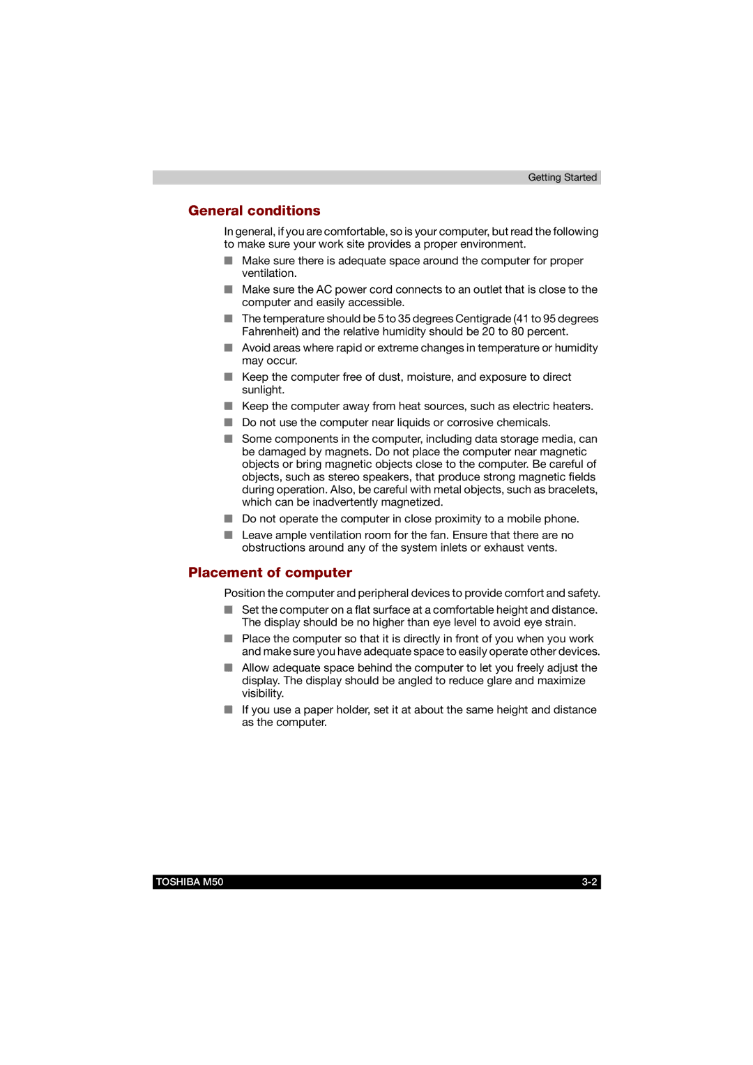 Toshiba M50 user manual General conditions, Placement of computer 