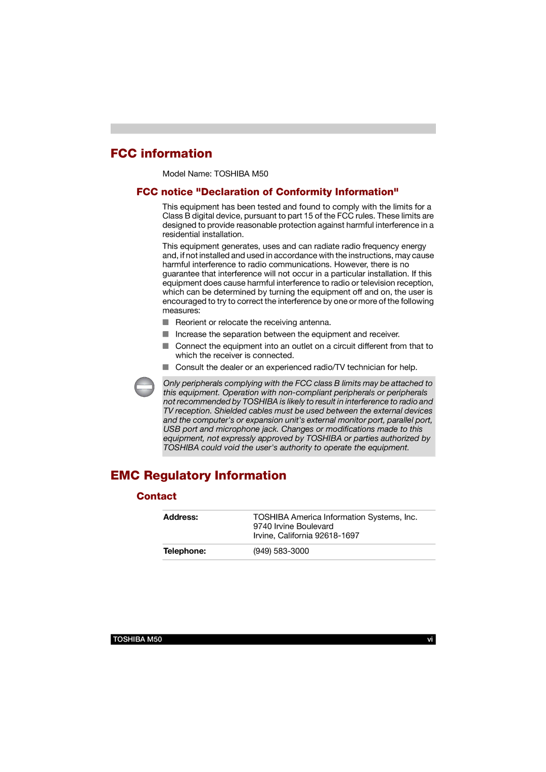 Toshiba M50 FCC information, EMC Regulatory Information, FCC notice Declaration of Conformity Information, Contact 