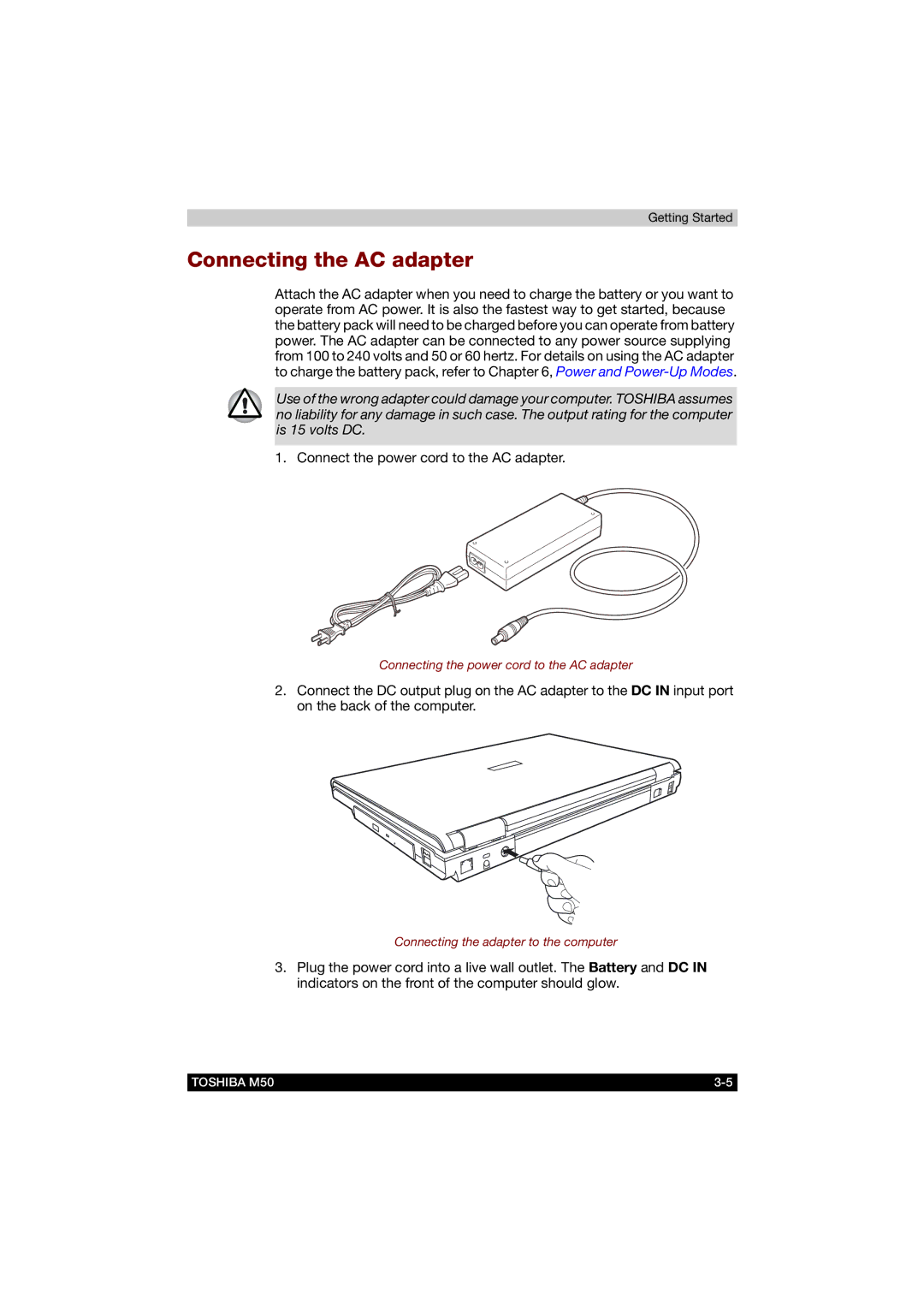 Toshiba M50 user manual Connecting the AC adapter 