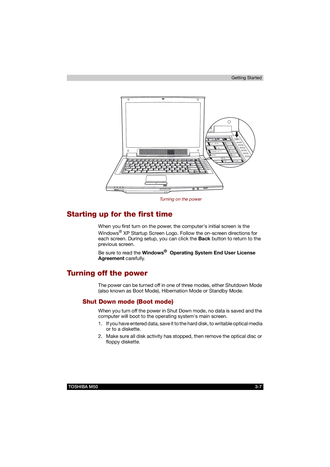 Toshiba M50 user manual Starting up for the first time, Turning off the power, Shut Down mode Boot mode 