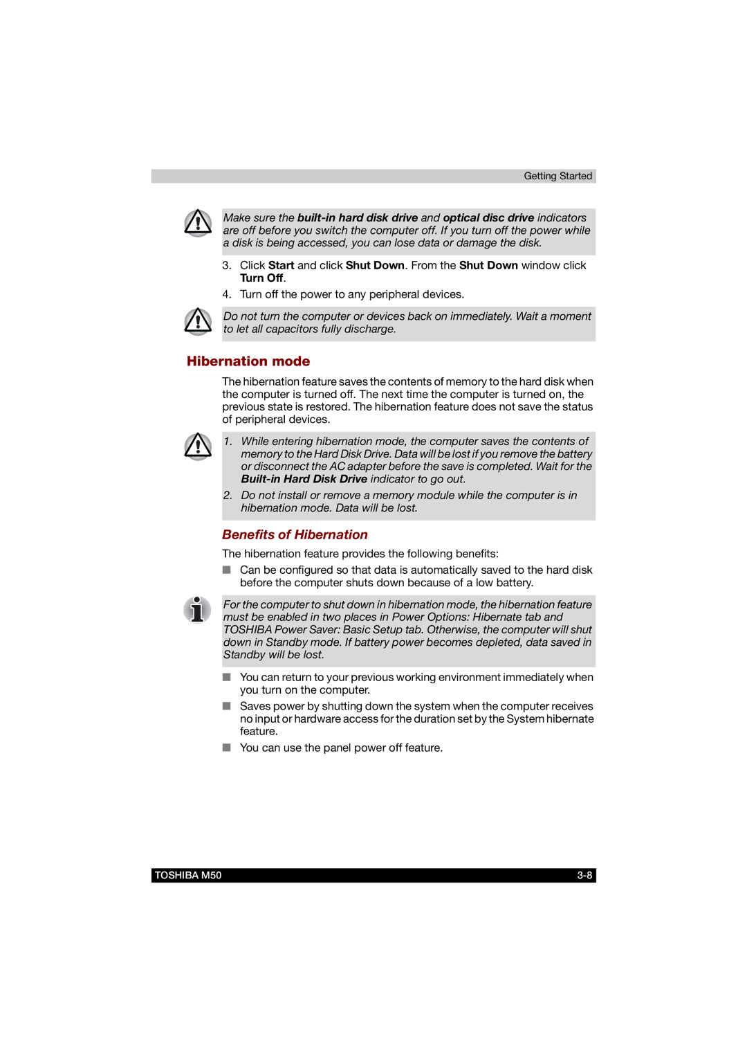 Toshiba M50 user manual Hibernation mode, Benefits of Hibernation 