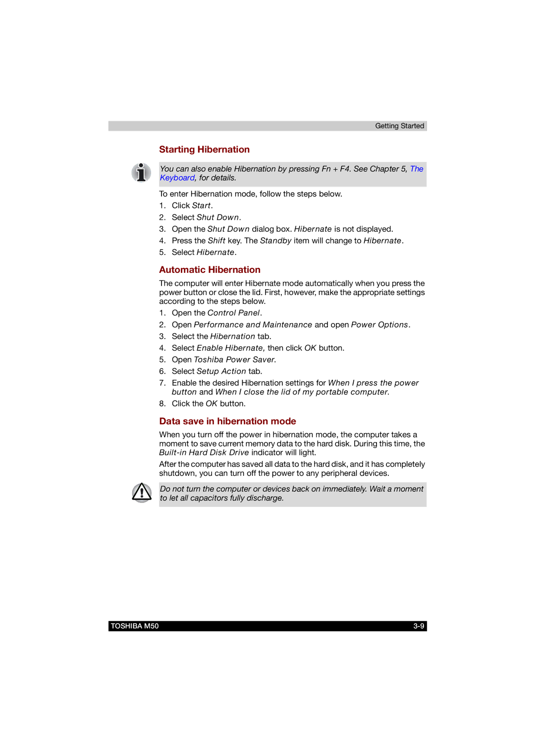 Toshiba M50 user manual Starting Hibernation, Automatic Hibernation, Data save in hibernation mode 