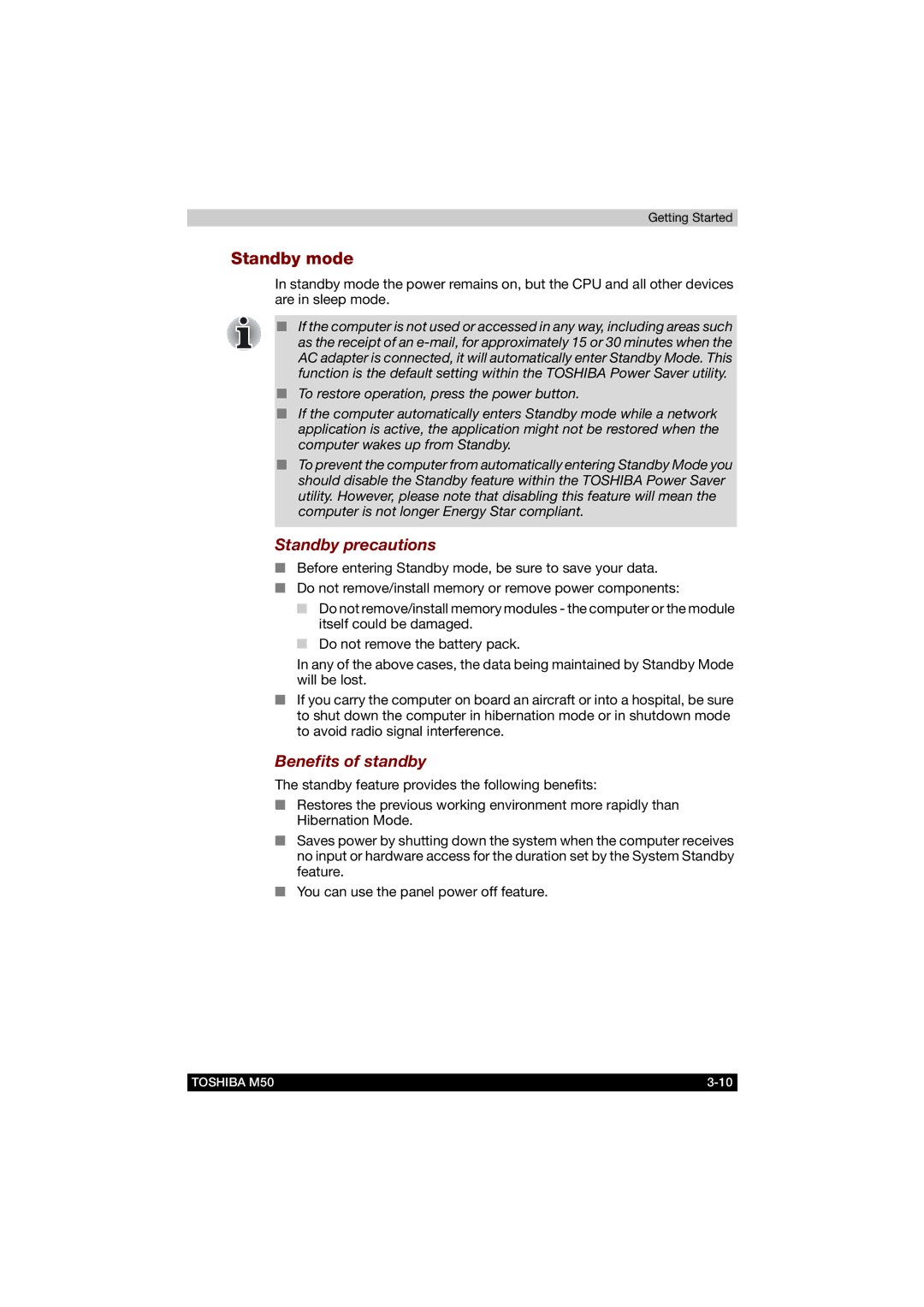 Toshiba M50 user manual Standby mode, Standby precautions, Benefits of standby 