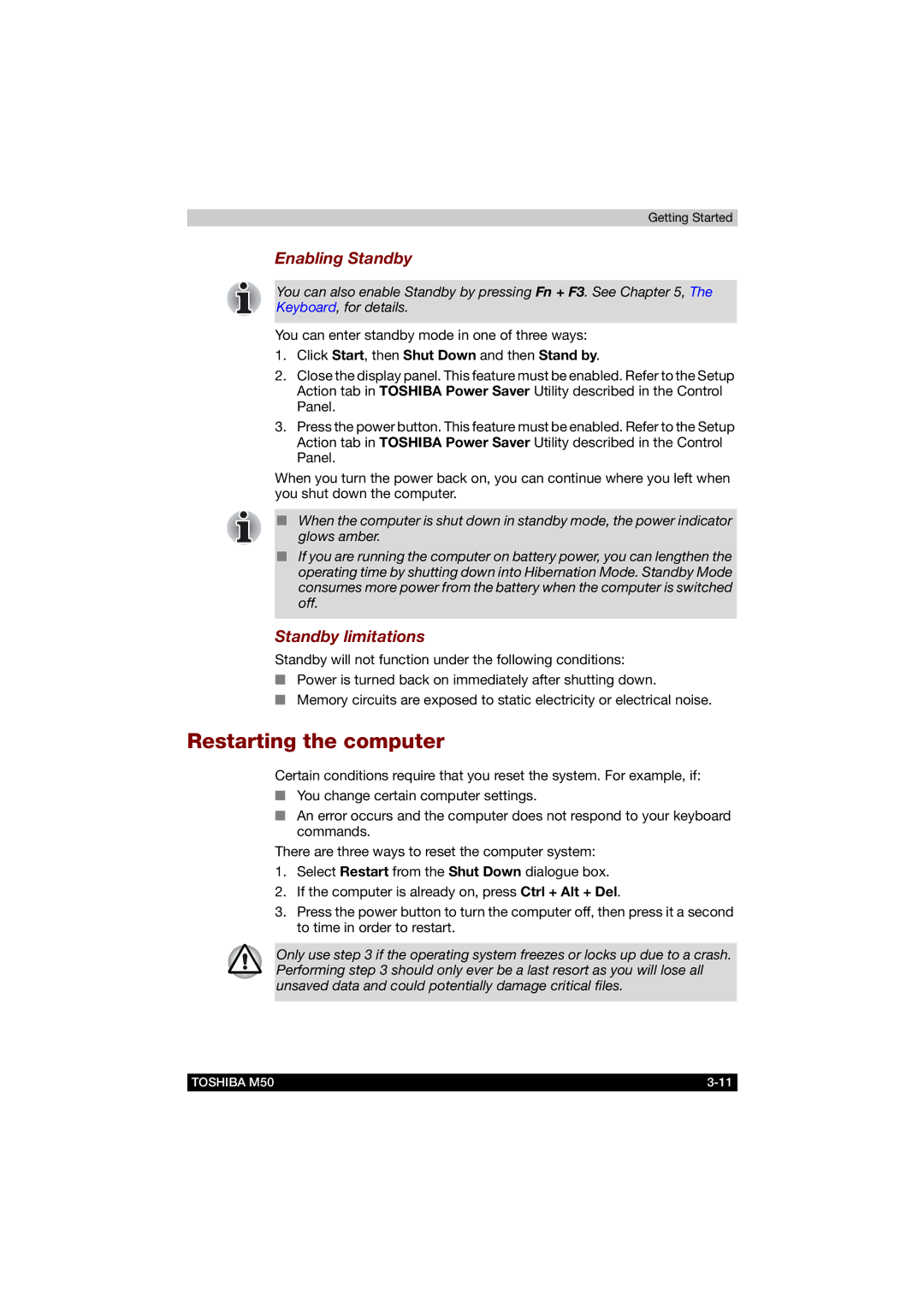 Toshiba M50 user manual Restarting the computer, Enabling Standby, Standby limitations 