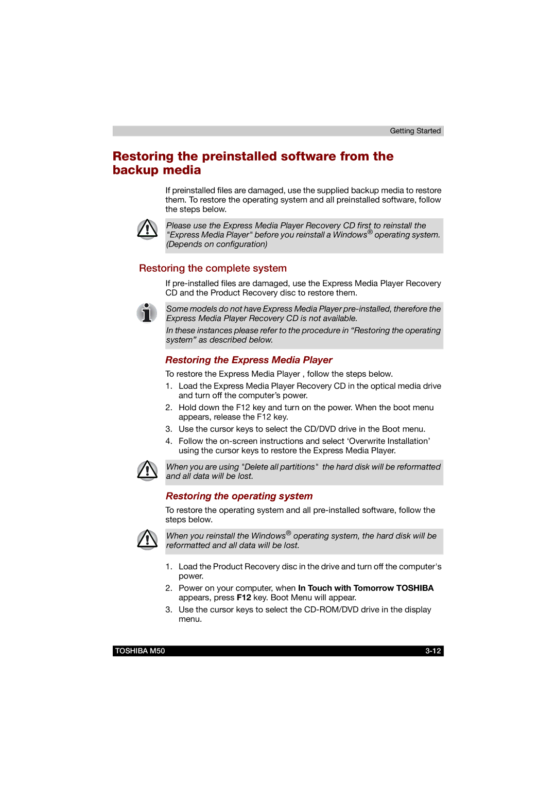 Toshiba M50 user manual Restoring the preinstalled software from the backup media, Restoring the Express Media Player 