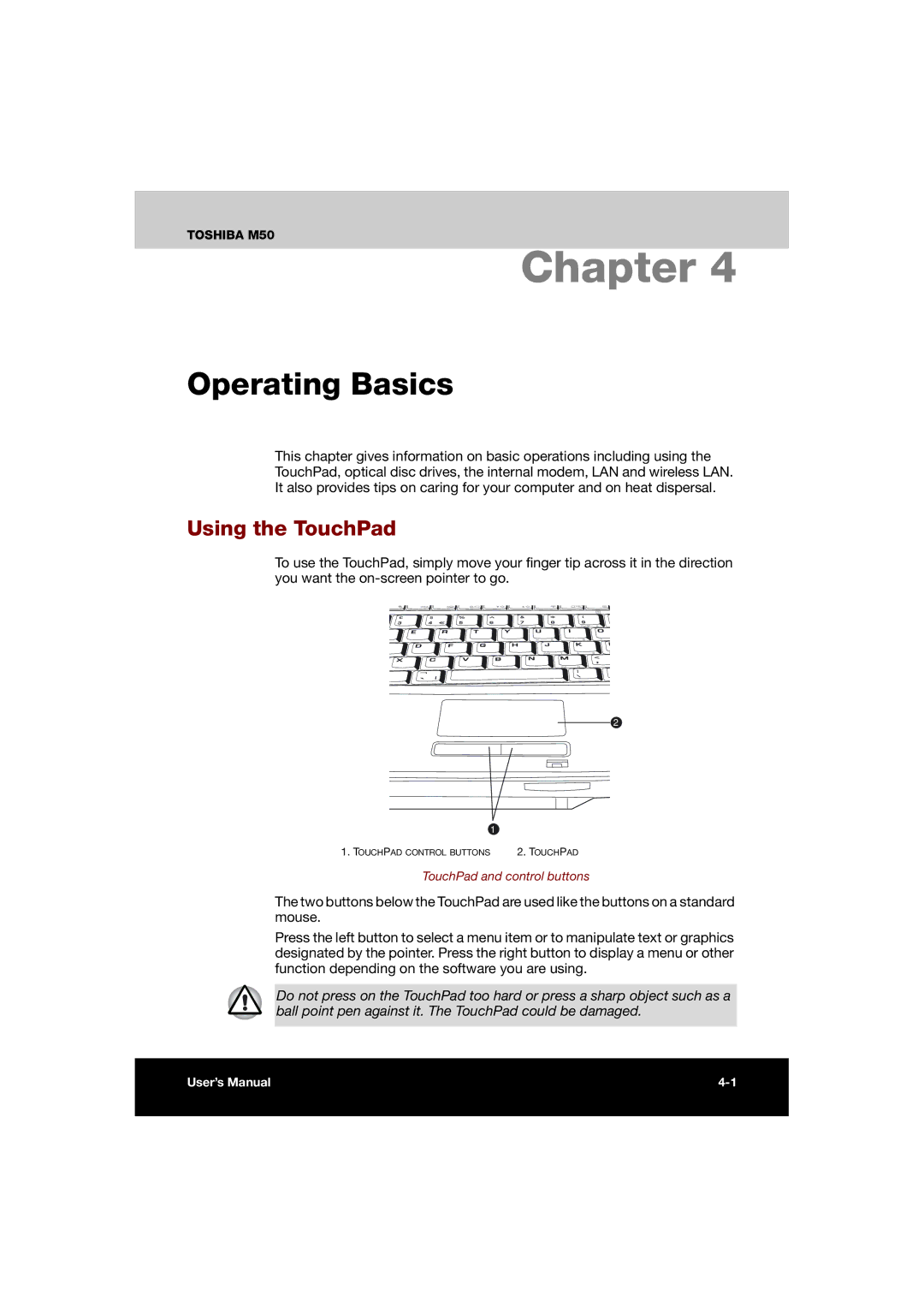 Toshiba M50 user manual Operating Basics, Using the TouchPad 