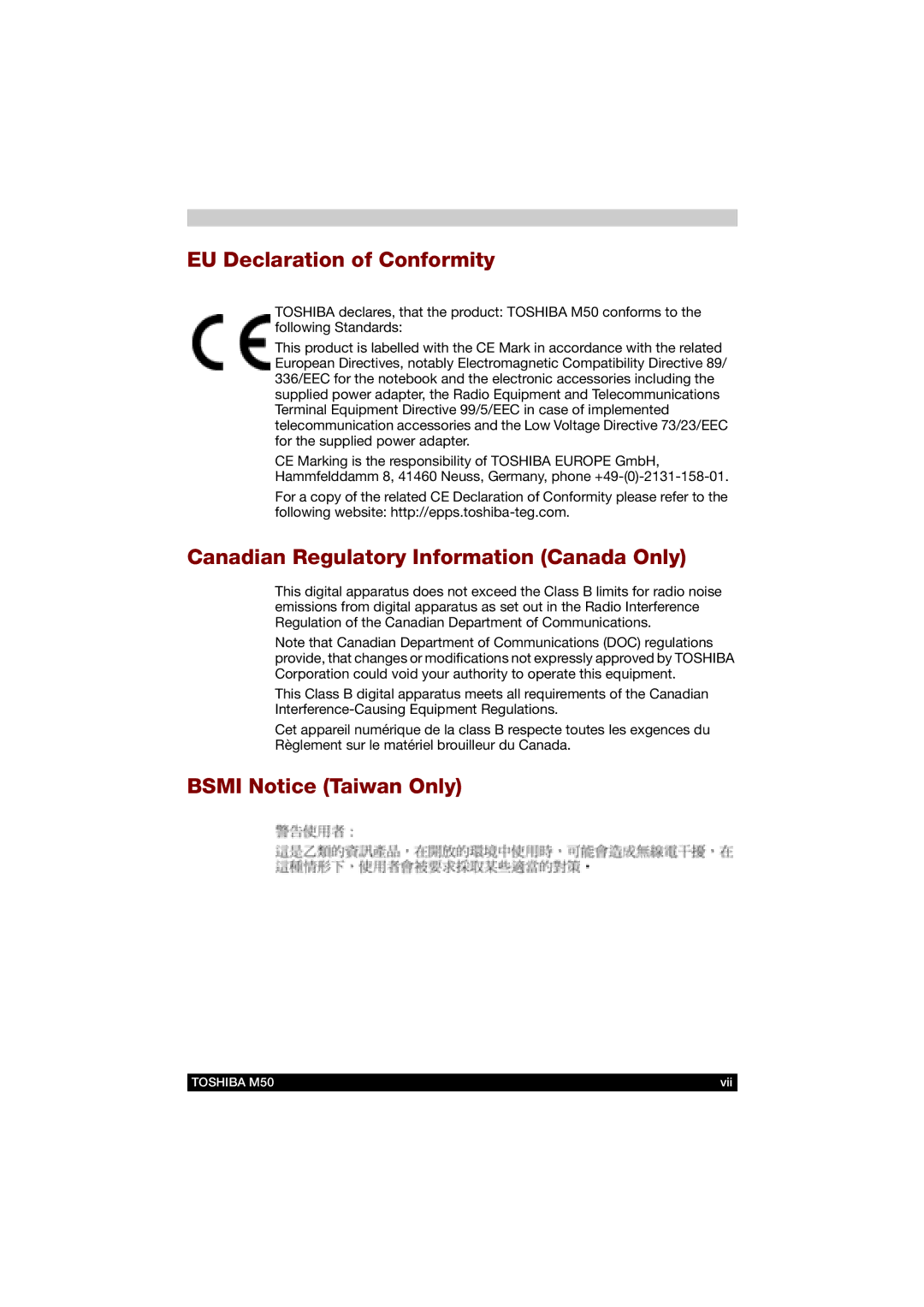 Toshiba M50 user manual EU Declaration of Conformity, Canadian Regulatory Information Canada Only, Bsmi Notice Taiwan Only 