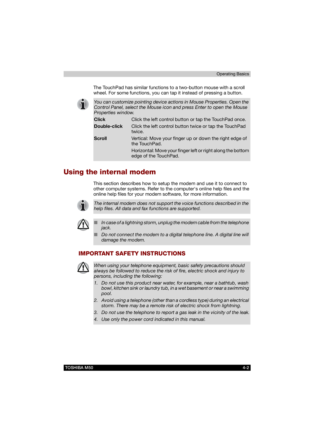 Toshiba M50 user manual Using the internal modem, Click, Double-click, Scroll 