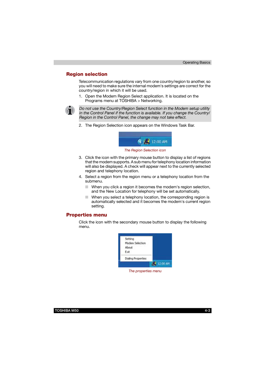 Toshiba M50 user manual Region selection, Properties menu 