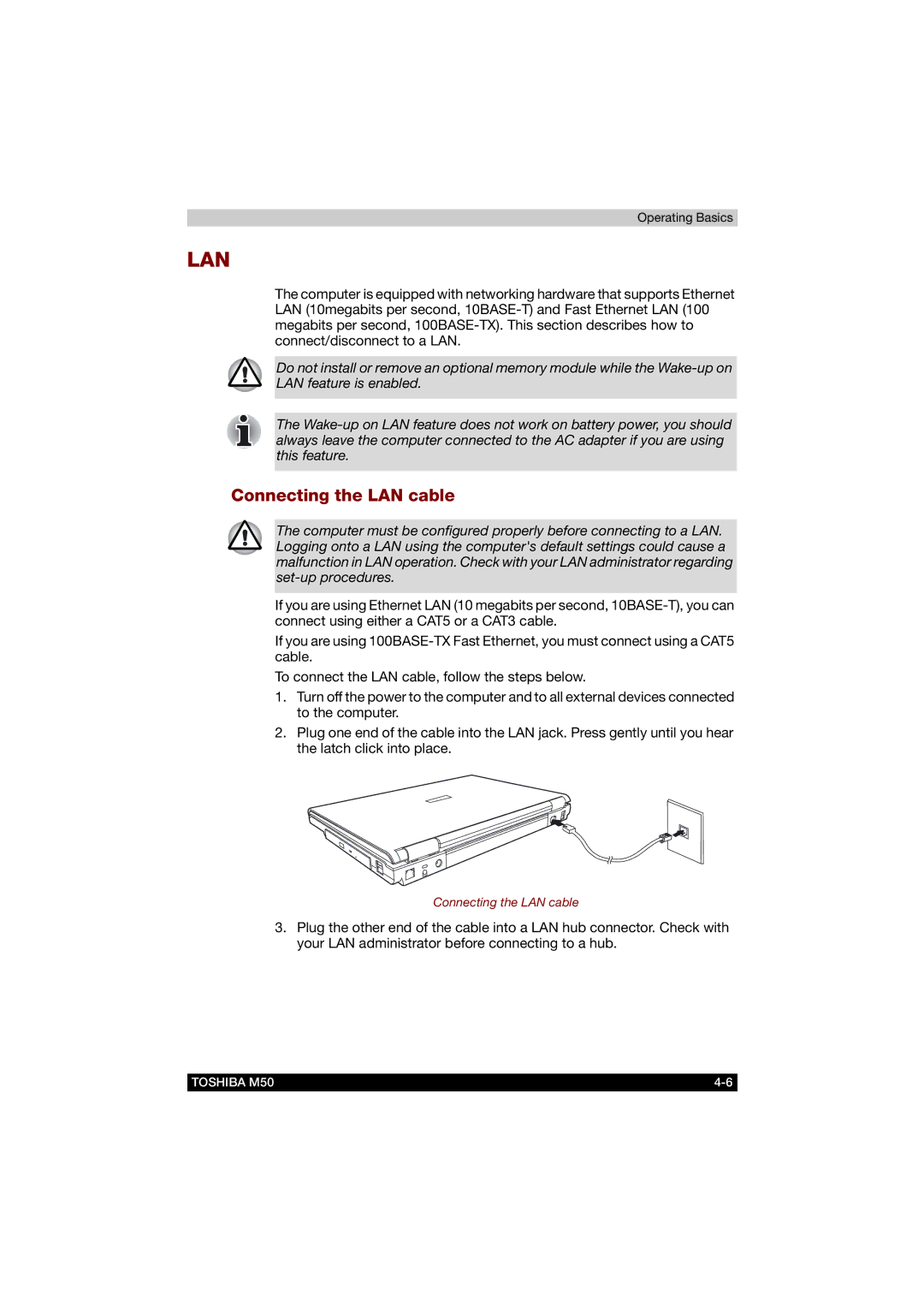 Toshiba M50 user manual Lan, Connecting the LAN cable 