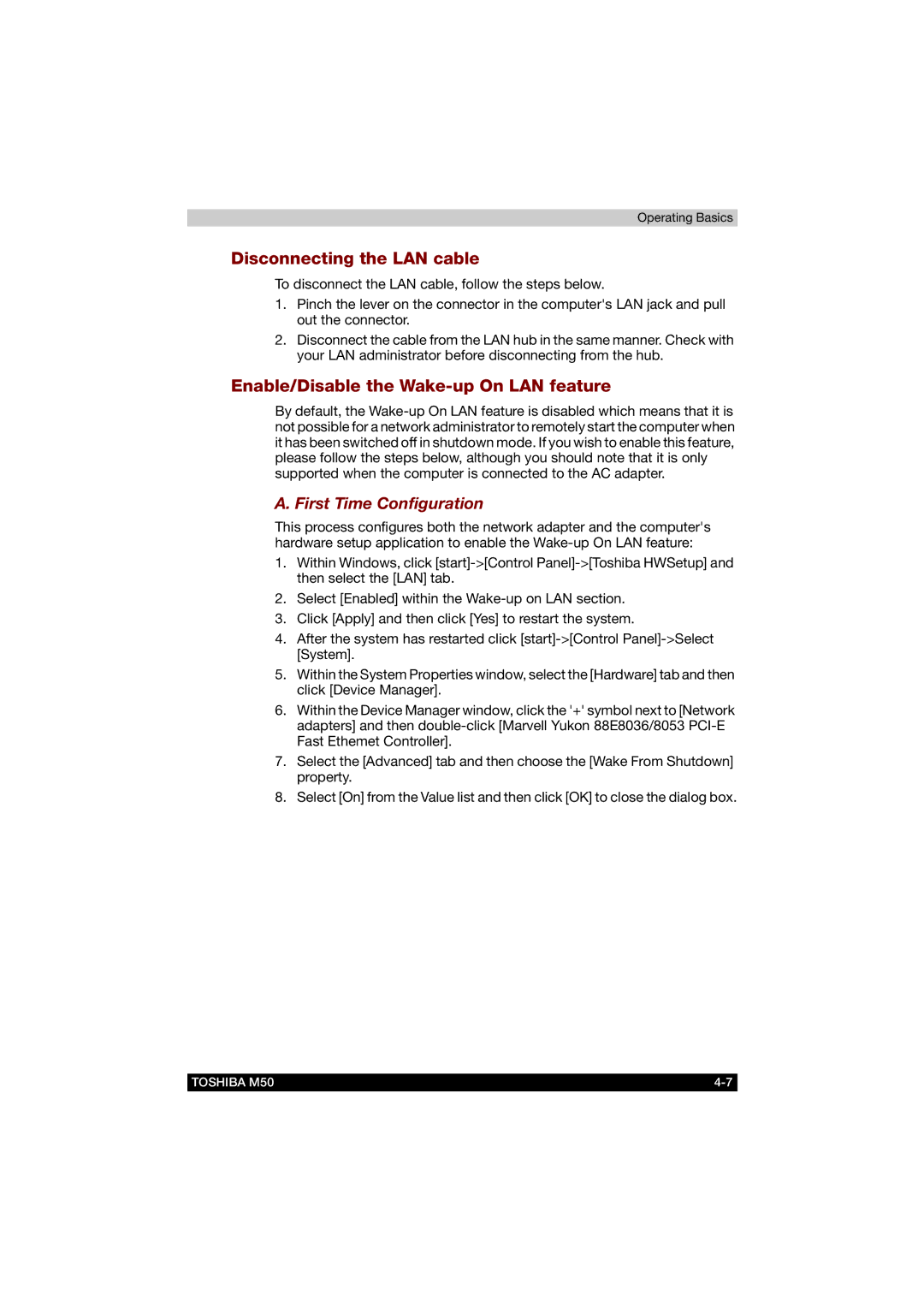 Toshiba M50 user manual Disconnecting the LAN cable, Enable/Disable the Wake-up On LAN feature, First Time Configuration 