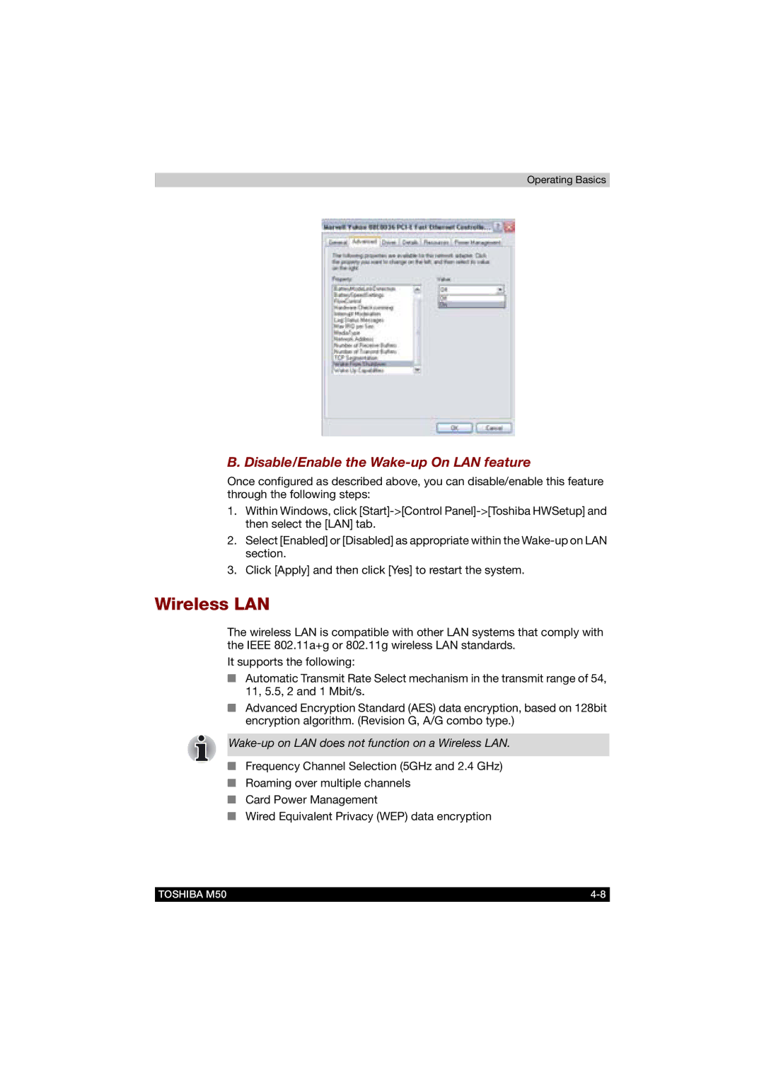 Toshiba M50 user manual Wireless LAN, Disable/Enable the Wake-up On LAN feature 