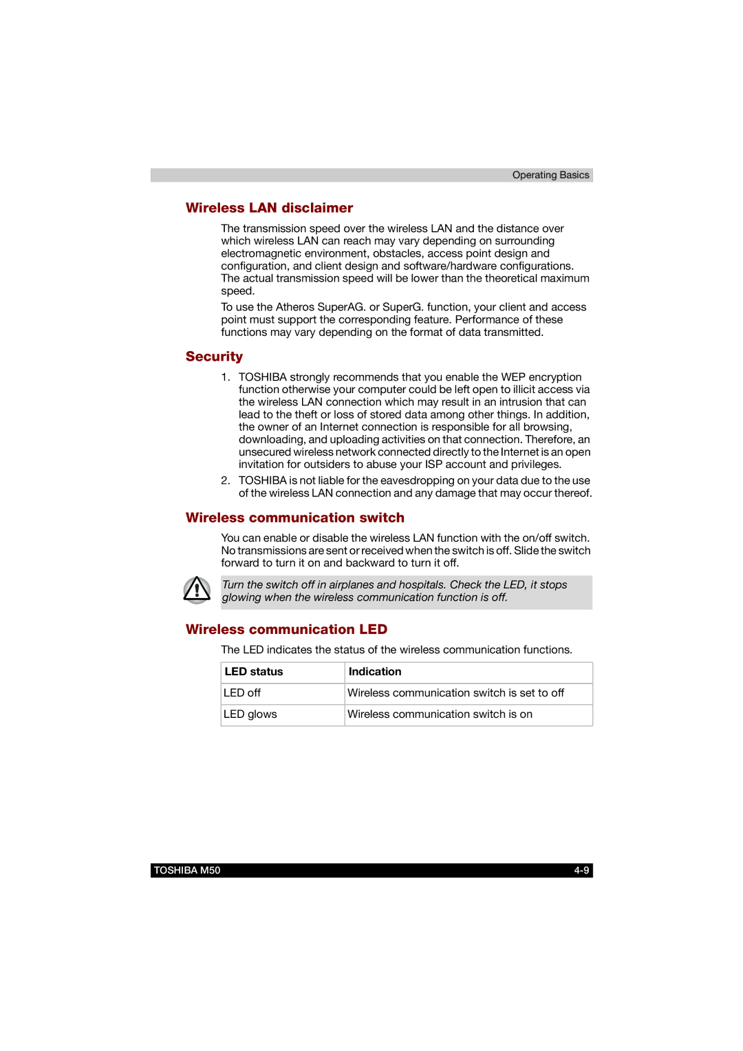 Toshiba M50 user manual Wireless LAN disclaimer, Security, Wireless communication switch, Wireless communication LED 