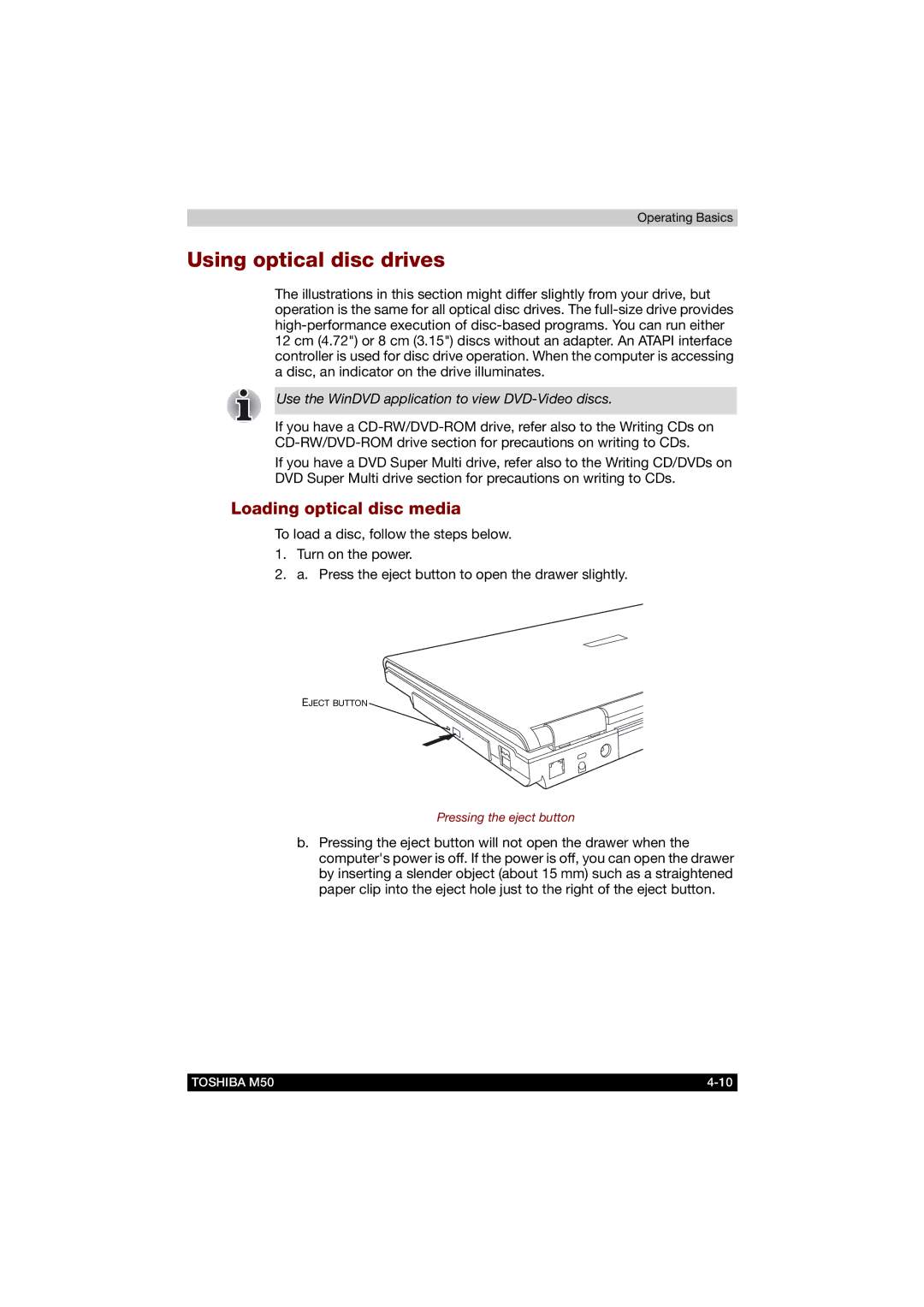 Toshiba M50 user manual Using optical disc drives, Loading optical disc media 