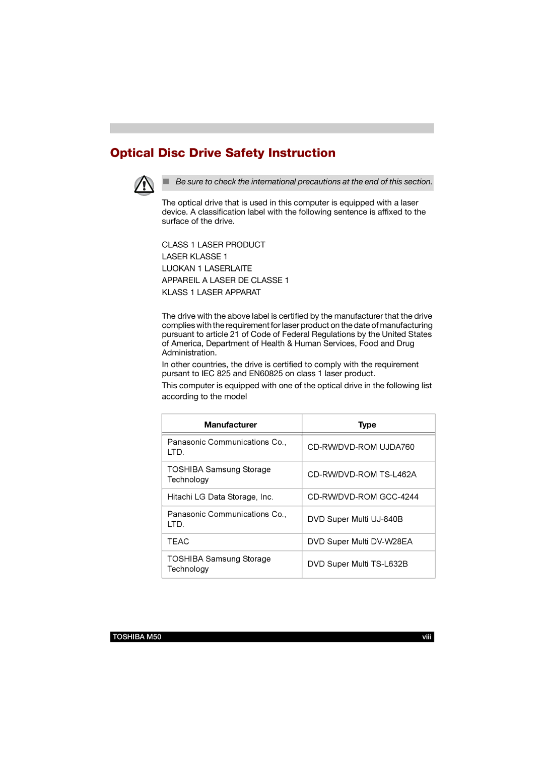 Toshiba M50 user manual Optical Disc Drive Safety Instruction, Manufacturer Type 