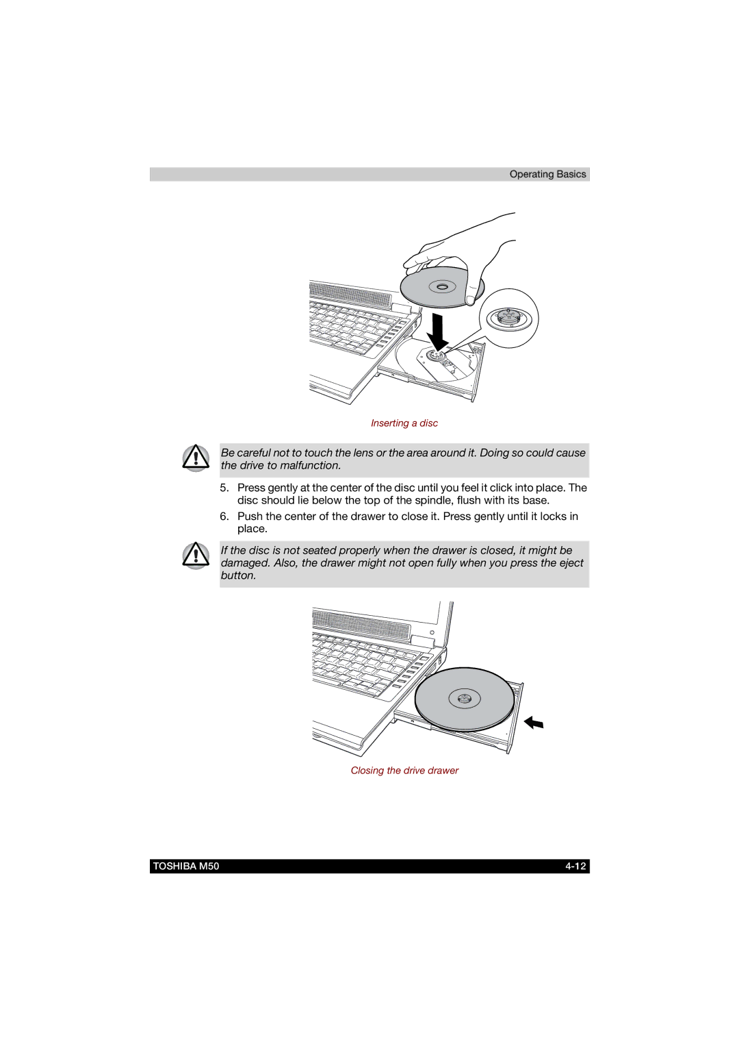 Toshiba M50 user manual Inserting a disc 