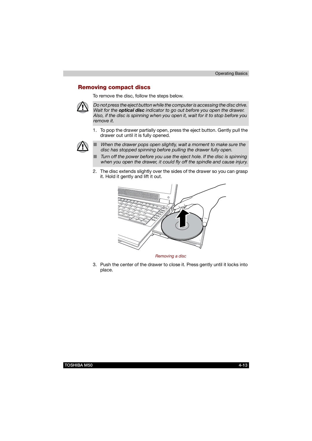 Toshiba M50 user manual Removing compact discs 