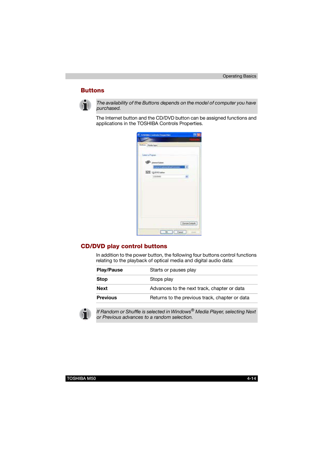 Toshiba M50 user manual Buttons, CD/DVD play control buttons 