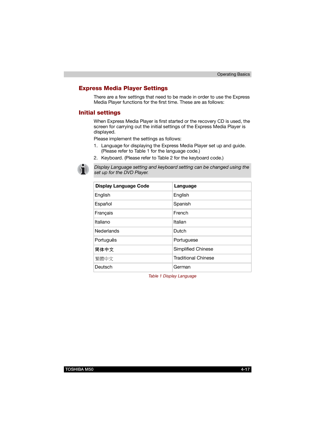 Toshiba M50 user manual Express Media Player Settings, Initial settings, Display Language Code 