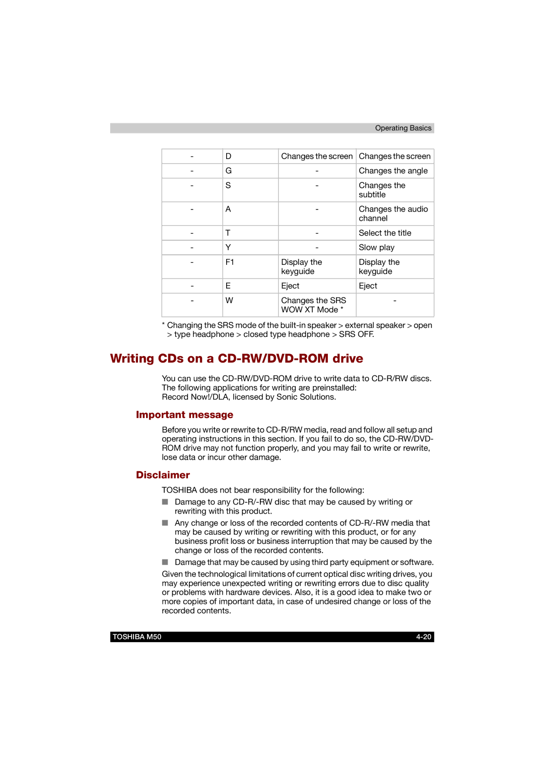 Toshiba M50 user manual Writing CDs on a CD-RW/DVD-ROM drive, Important message, Disclaimer 