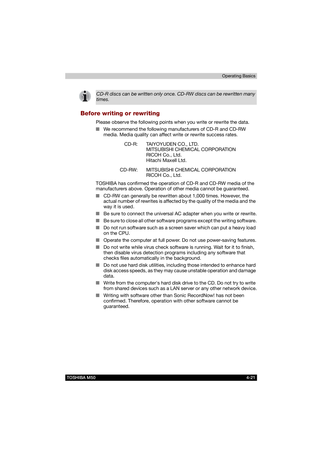 Toshiba M50 user manual Before writing or rewriting 