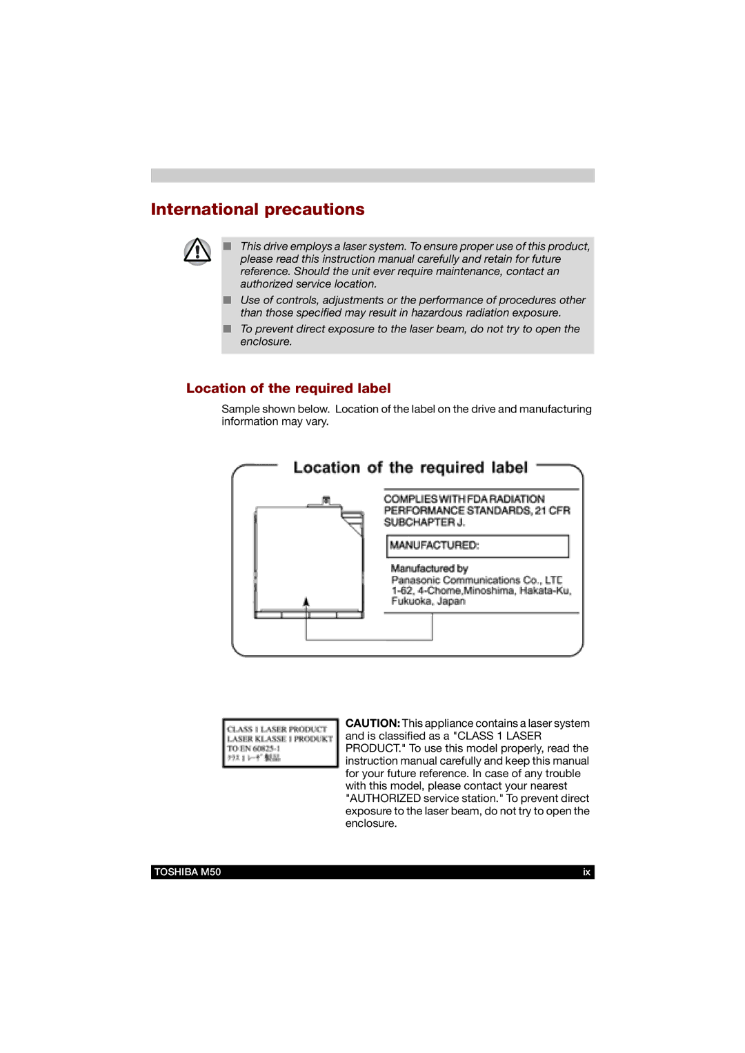 Toshiba M50 user manual International precautions, Location of the required label 