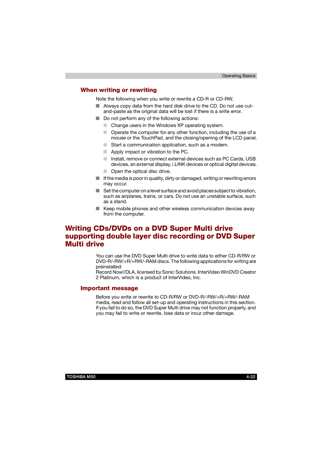 Toshiba M50 user manual When writing or rewriting 