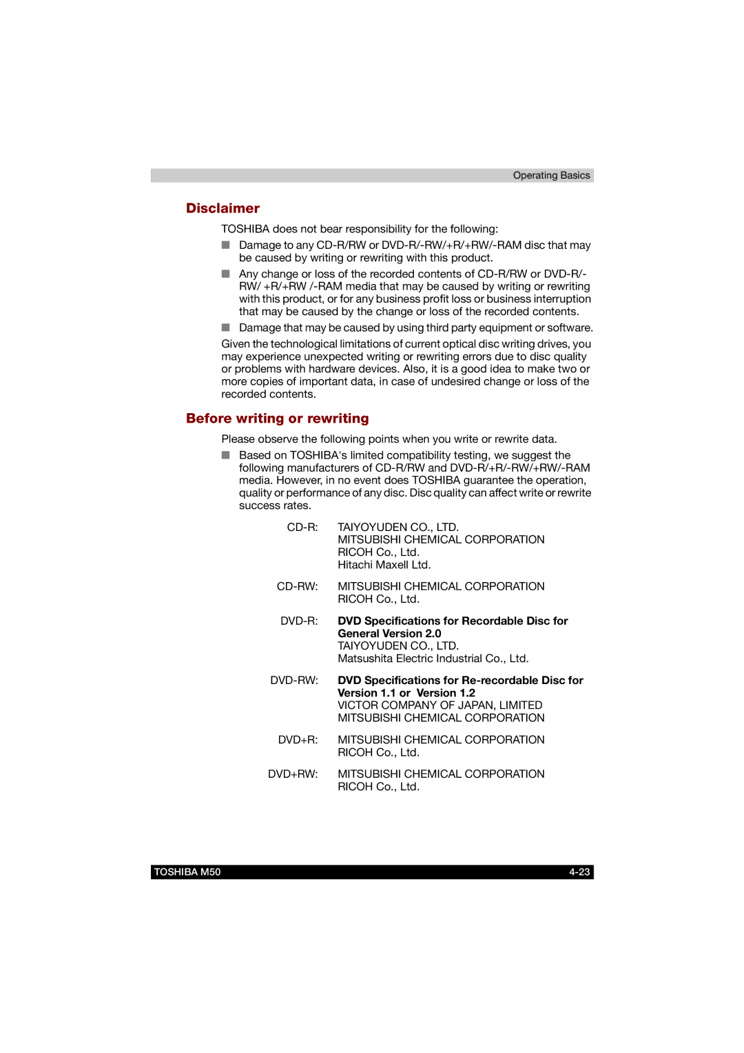 Toshiba M50 DVD Specifications for Recordable Disc for, General Version, DVD Specifications for Re-recordable Disc for 