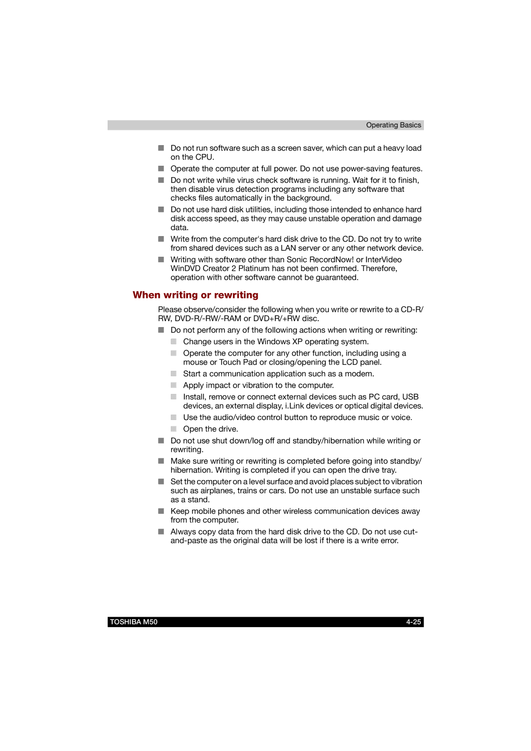 Toshiba M50 user manual When writing or rewriting 