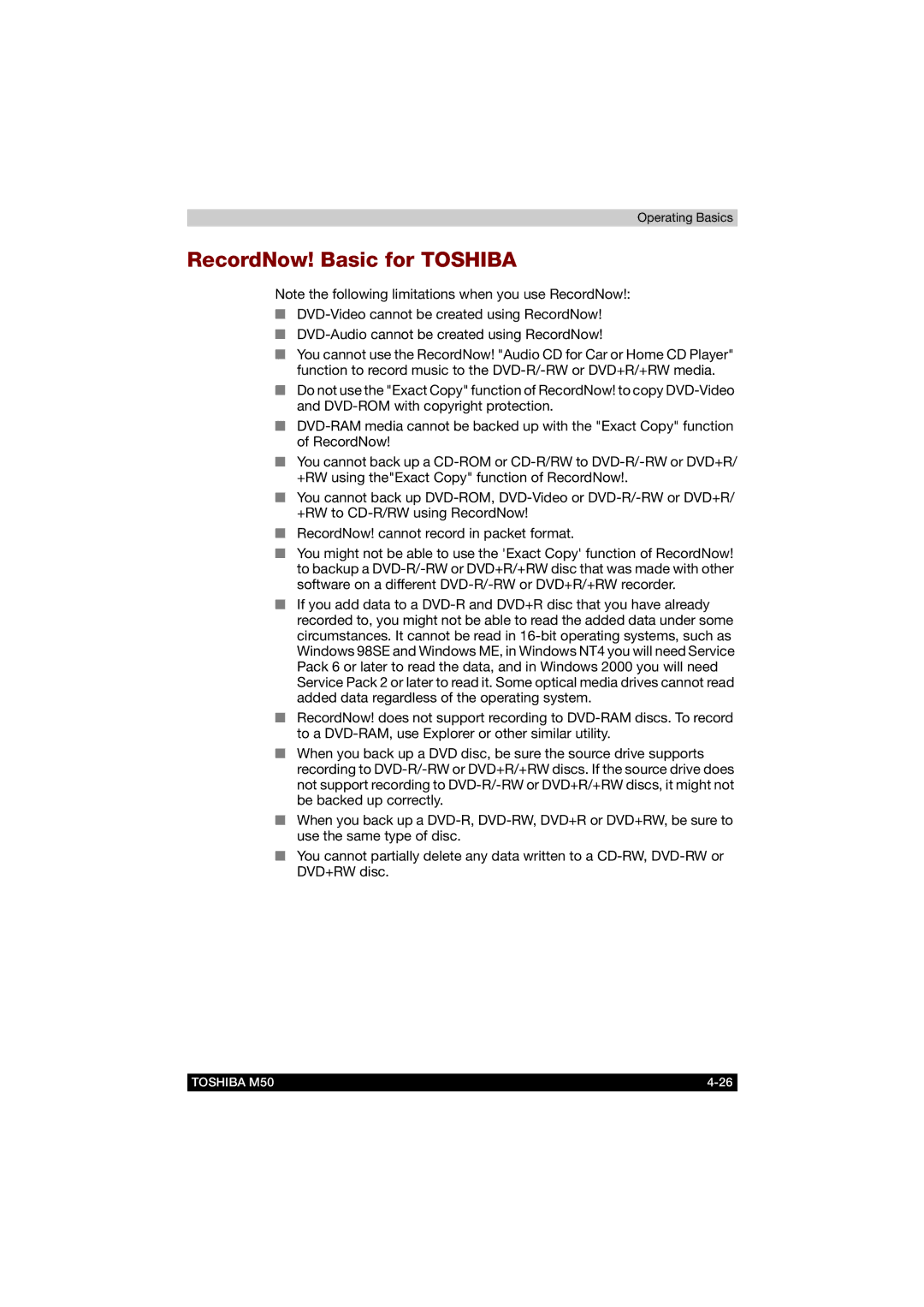 Toshiba M50 user manual RecordNow! Basic for Toshiba 