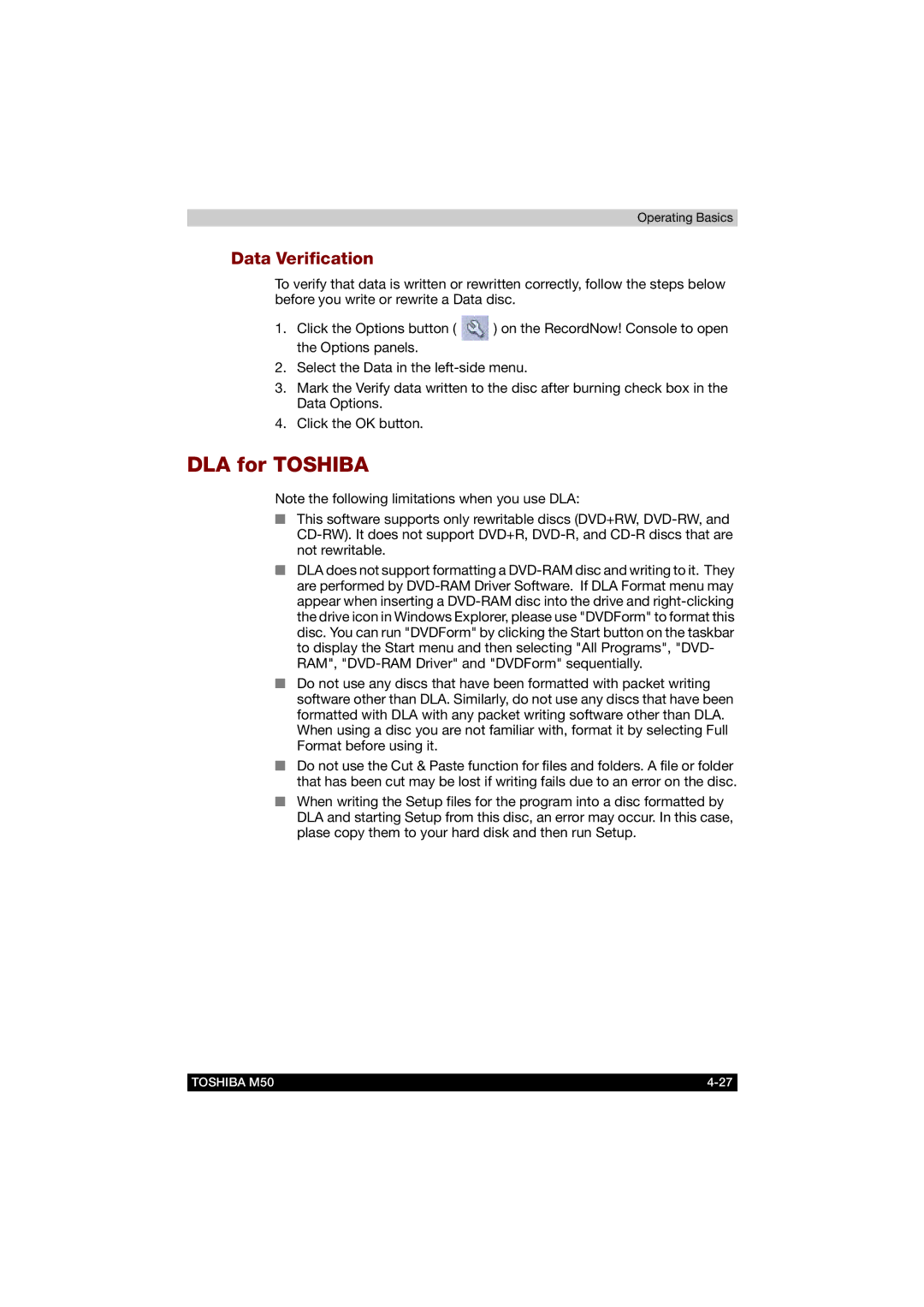 Toshiba M50 user manual DLA for Toshiba, Data Verification 