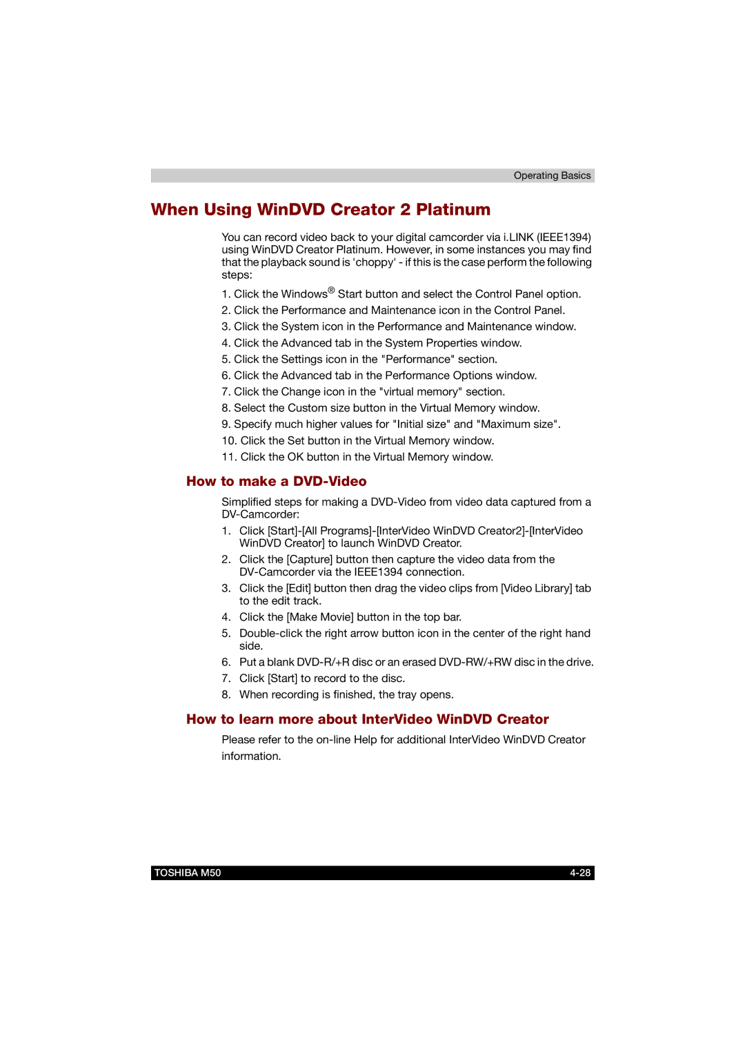 Toshiba M50 user manual When Using WinDVD Creator 2 Platinum, How to make a DVD-Video 