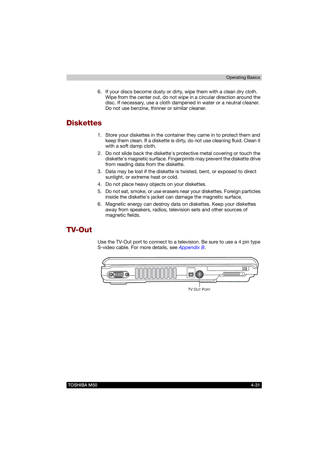 Toshiba M50 user manual Diskettes, TV-Out 