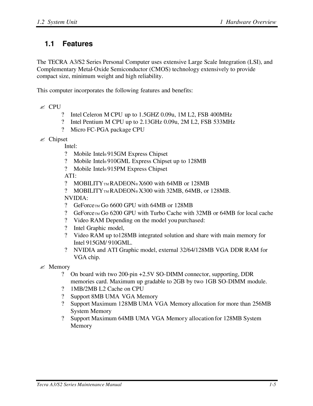 Toshiba M60 manual Features, System Unit Hardware Overview 