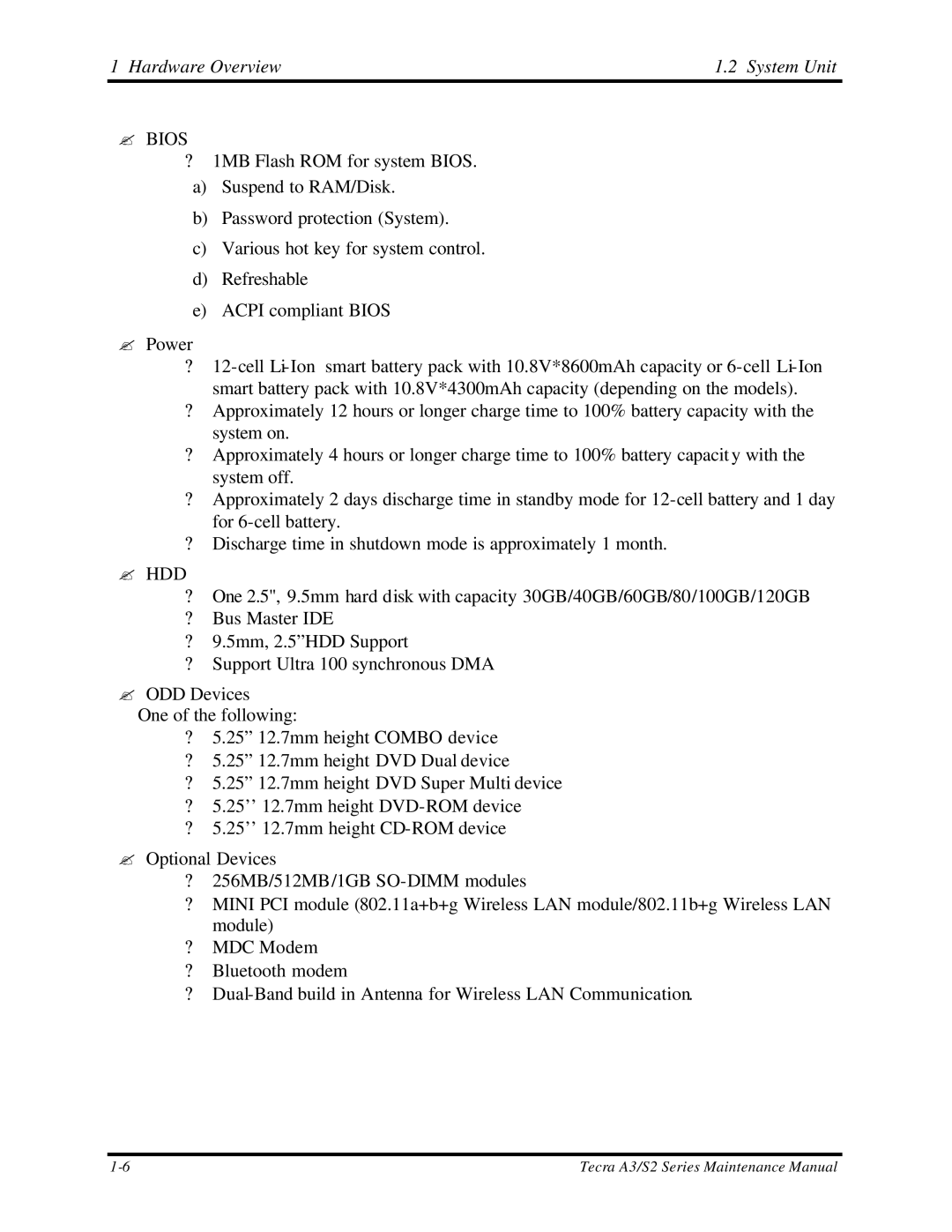 Toshiba M60 manual Hardware Overview System Unit, ? Bios 