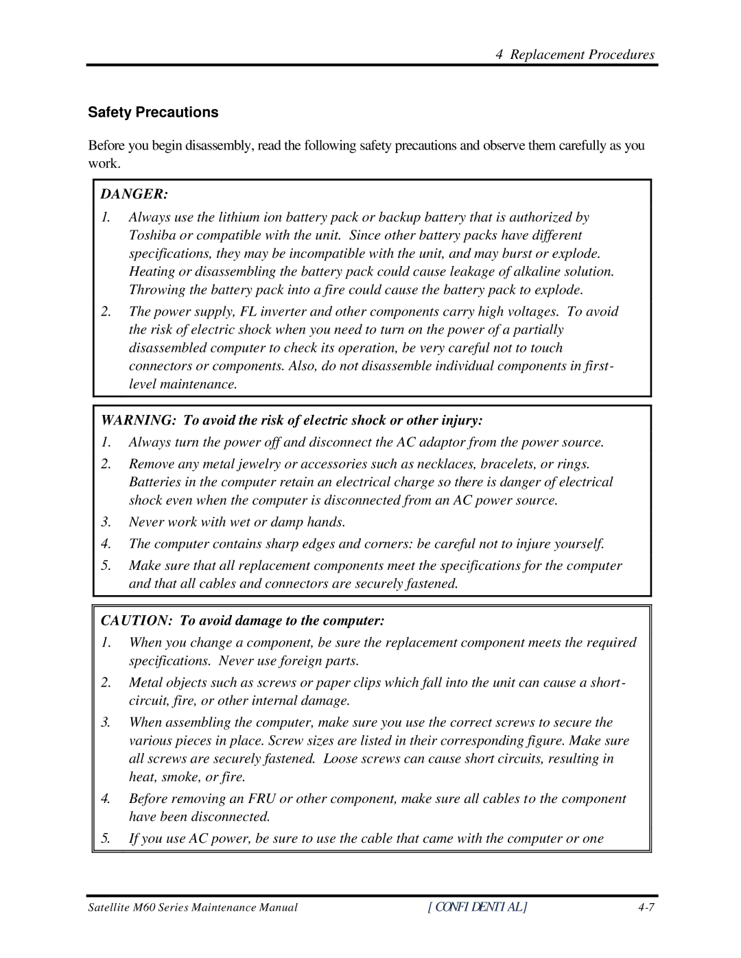 Toshiba M60 manual Safety Precautions 