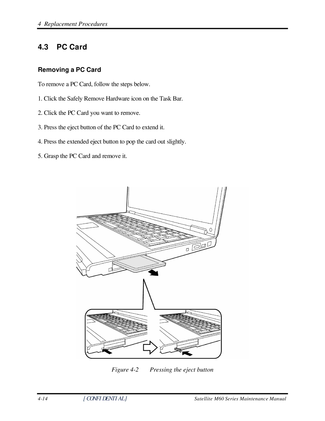 Toshiba M60 manual Removing a PC Card 