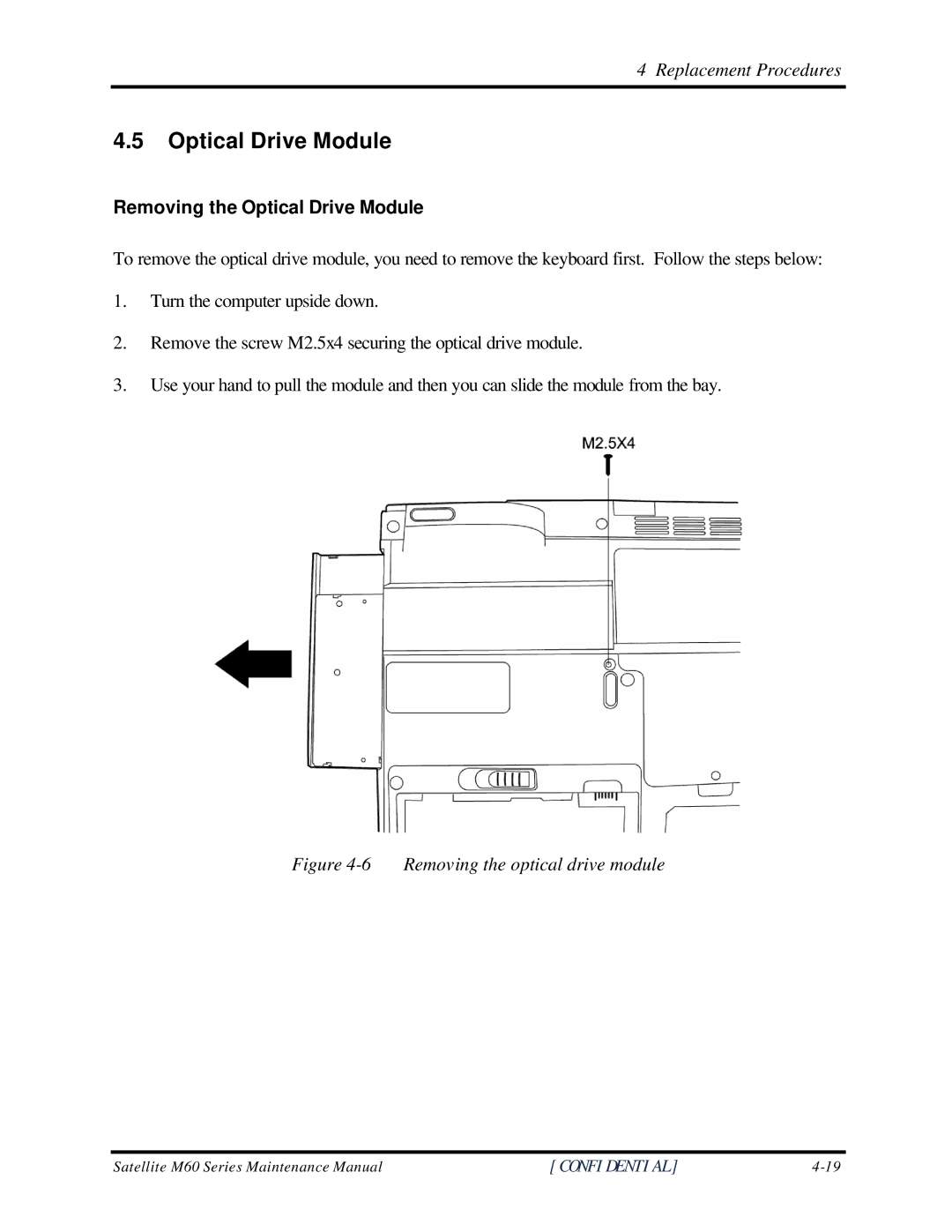 Toshiba M60 manual Removing the Optical Drive Module 