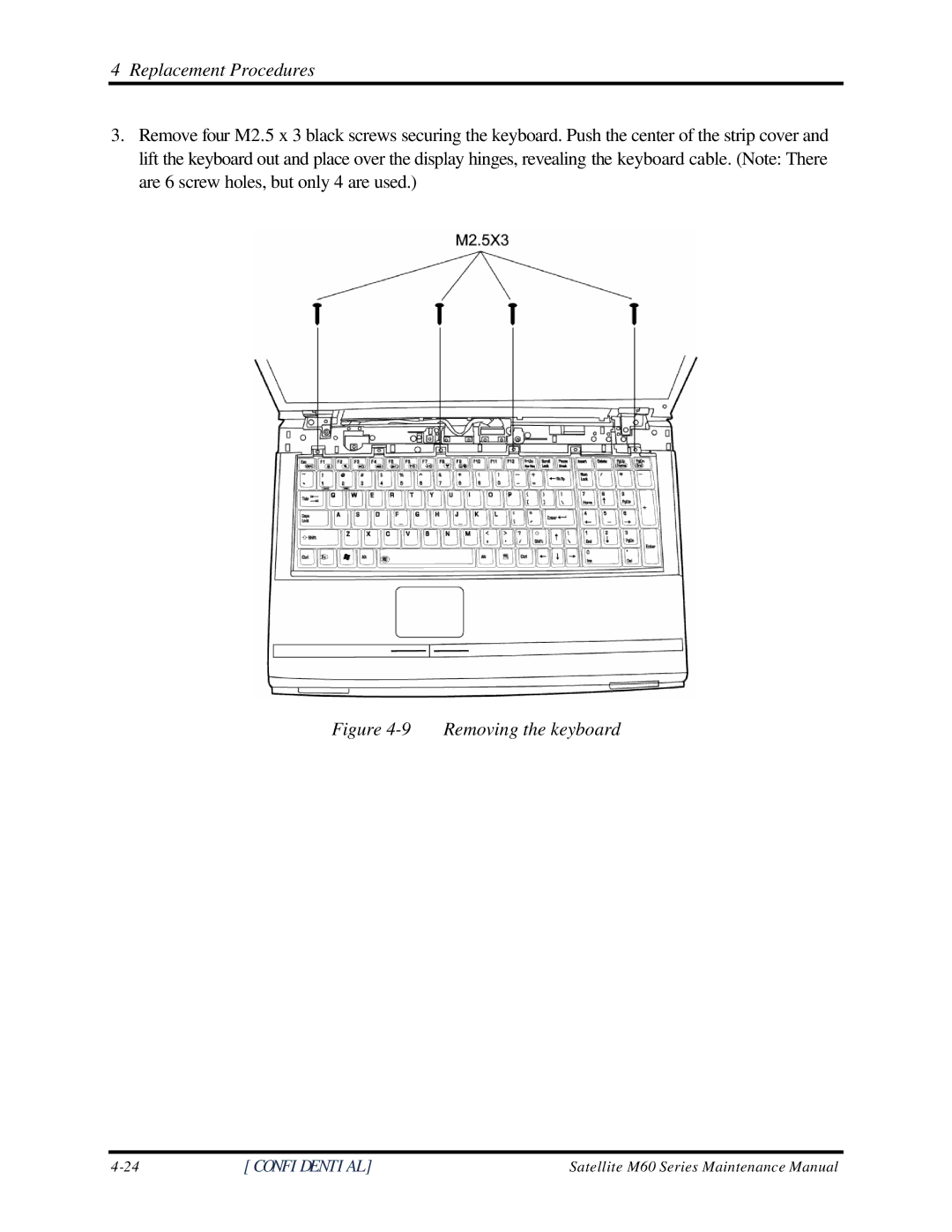 Toshiba M60 manual Removing the keyboard 