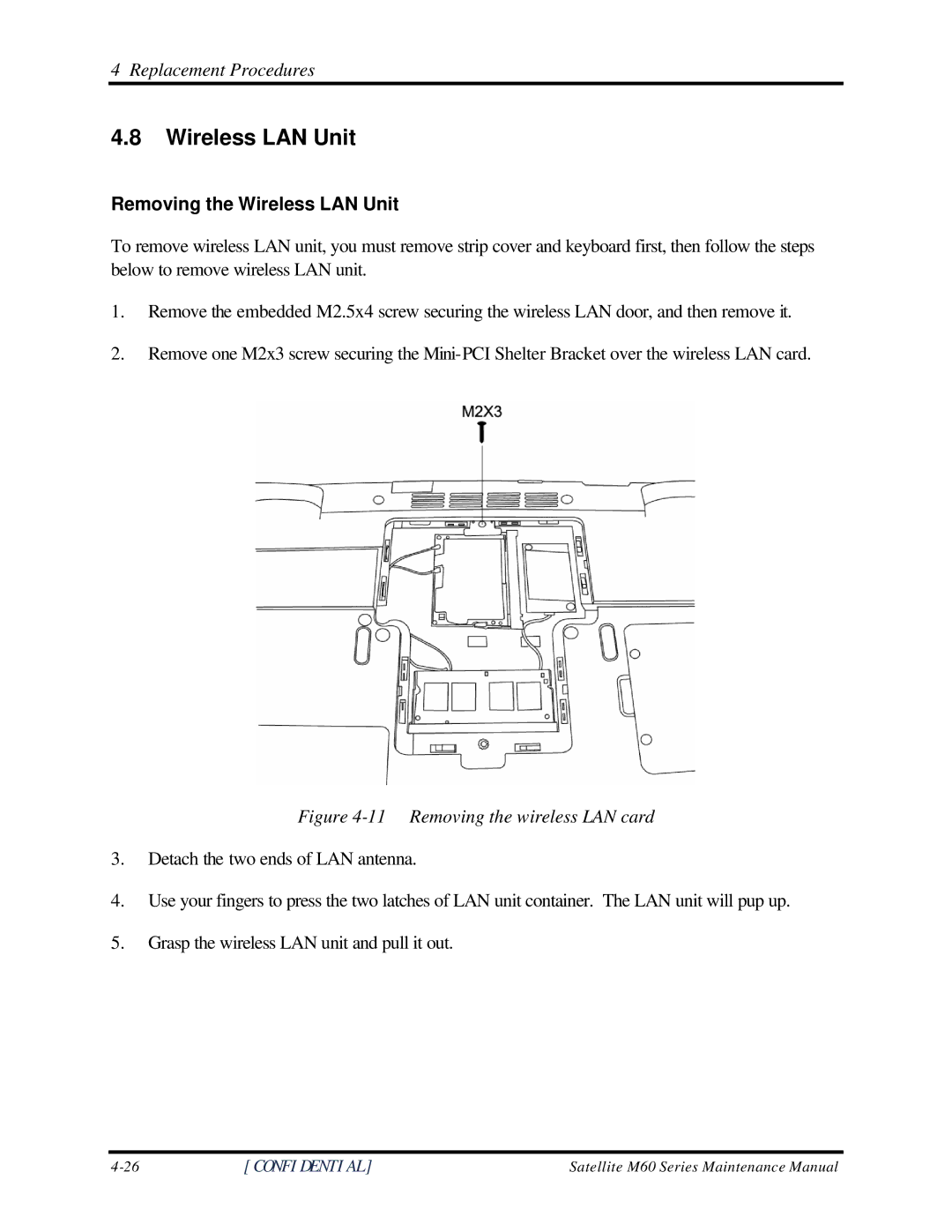 Toshiba M60 manual Removing the Wireless LAN Unit 