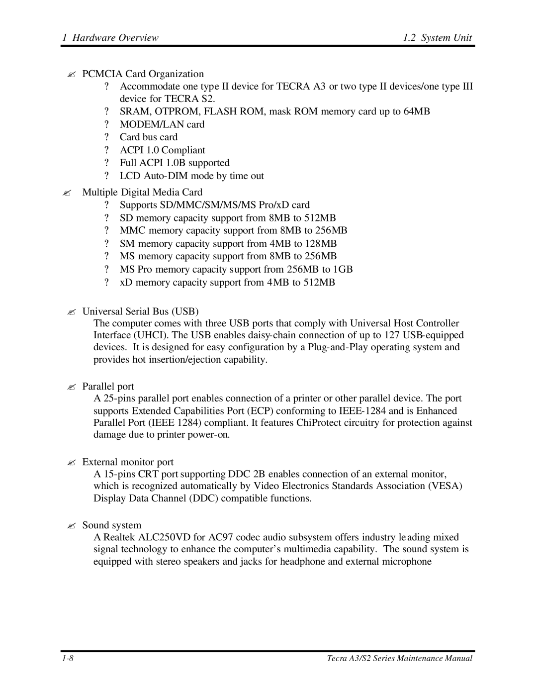 Toshiba M60 manual Hardware Overview System Unit 