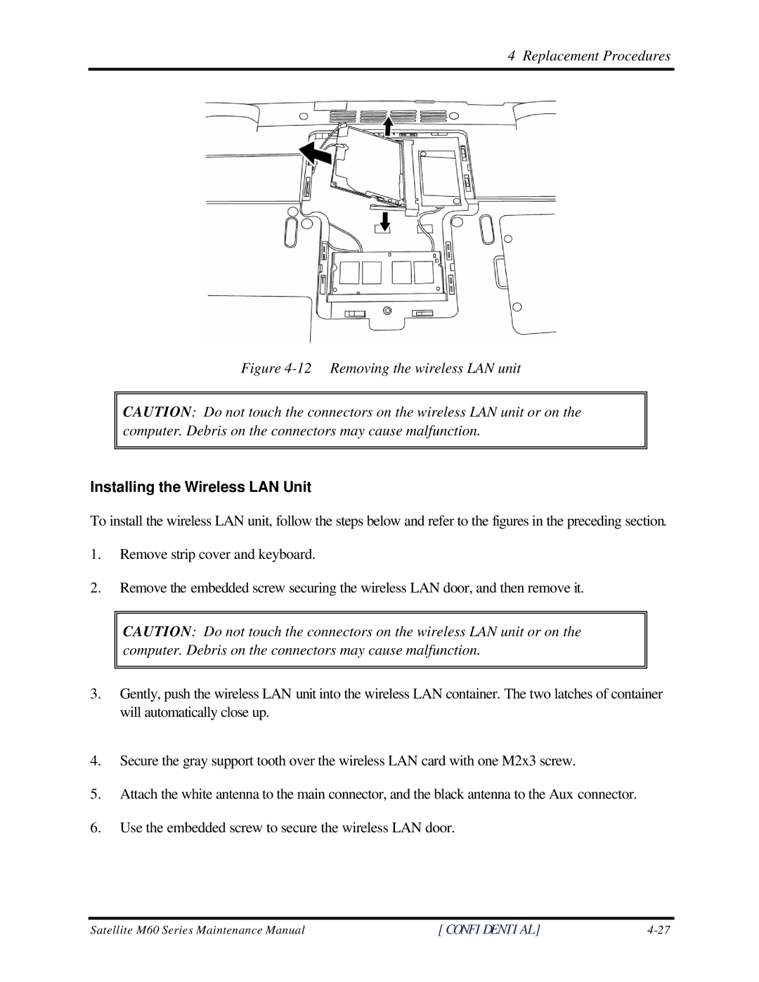 Toshiba M60 manual Removing the wireless LAN unit, Installing the Wireless LAN Unit 