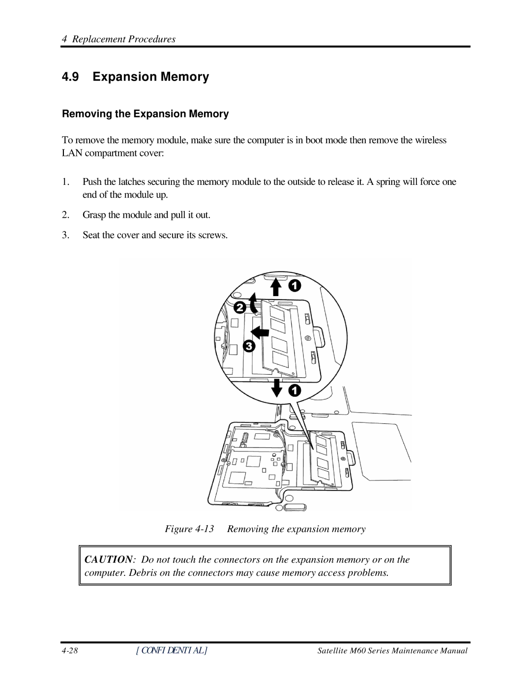 Toshiba M60 manual Removing the Expansion Memory 