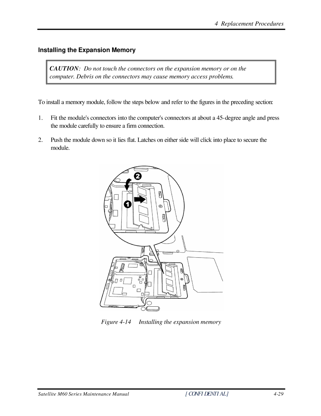 Toshiba M60 manual Installing the Expansion Memory, Installing the expansion memory 
